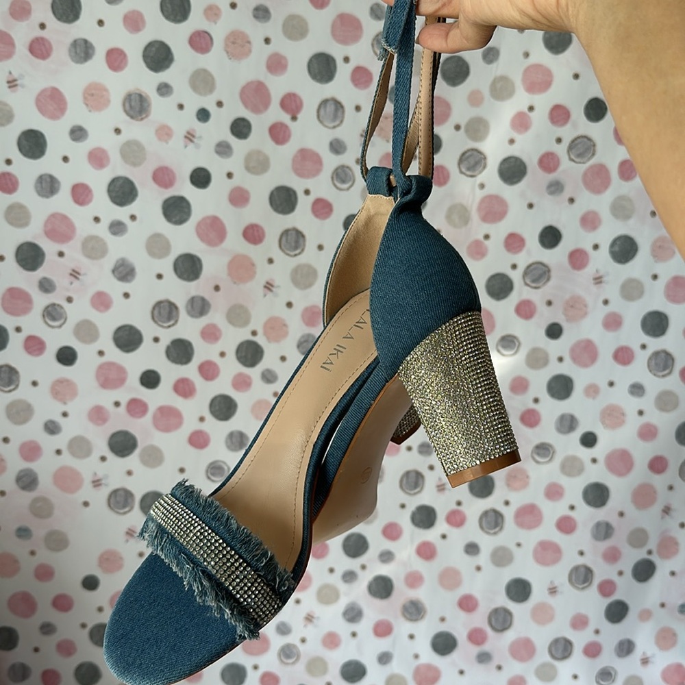 Denim Crystal Block Heel Sandals with Ankle Strap. - Picture 2 of 6